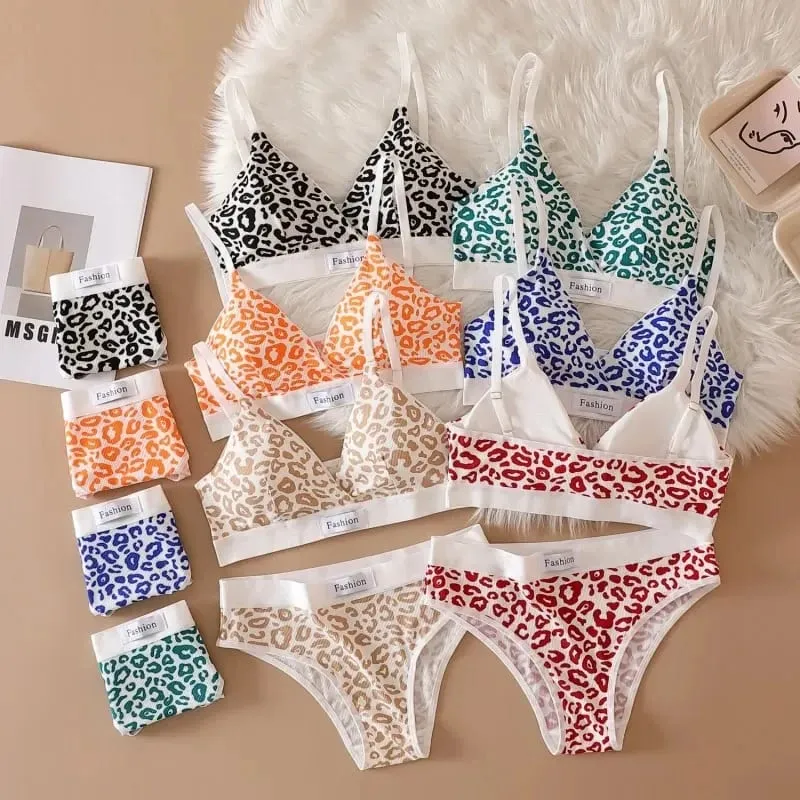 1/2/3set Women V-Neck Bra And Panties Set Low Waist Panties Female Sexy Lingerie Set Leopard Print Cotton Bra Sport Underwear