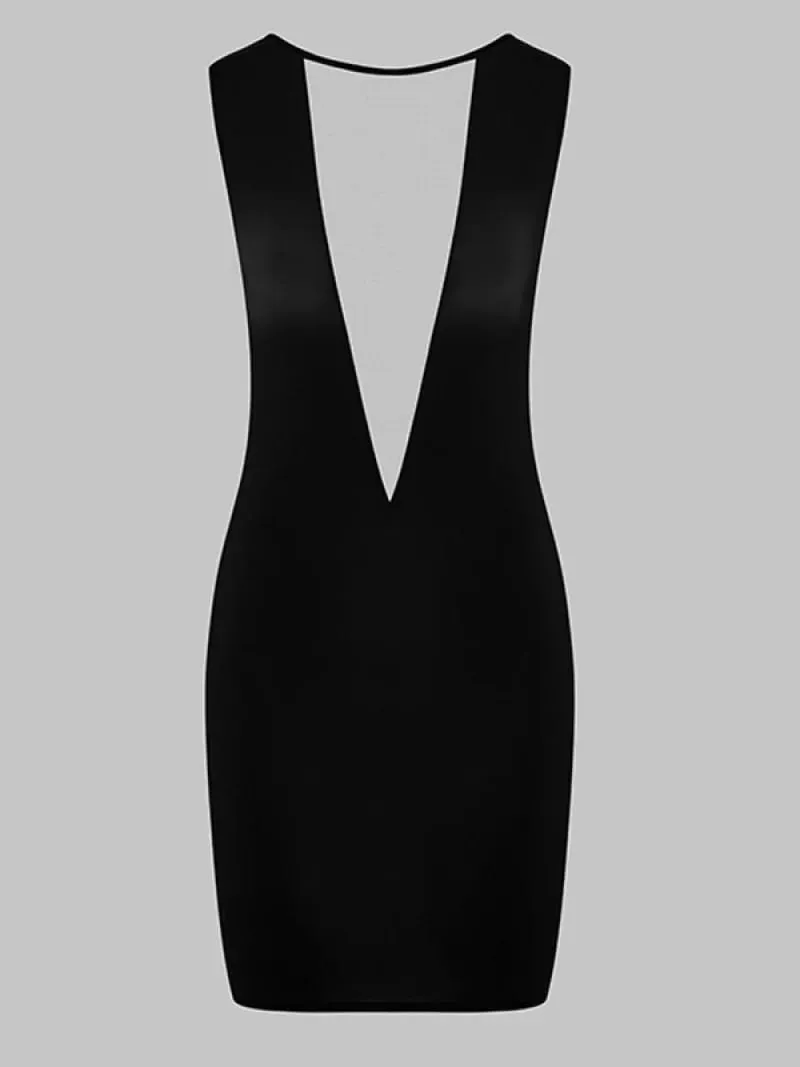 Sheer Mesh Insert Deep V Bodycon Dress Women Black Sleeveless Sexy Party Dress 2026