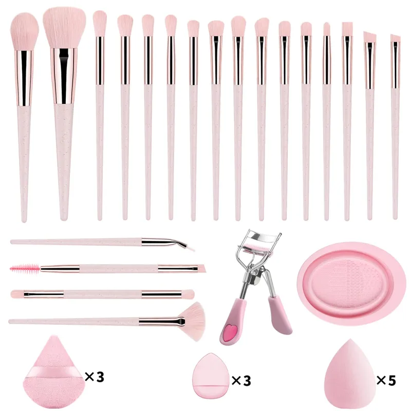 33Pcs Makeup Tool Kit 20 Makeup Brushes With Powder Puff Cleaning Bowl Eyelash Curler Full Face Eye Makeup Set
