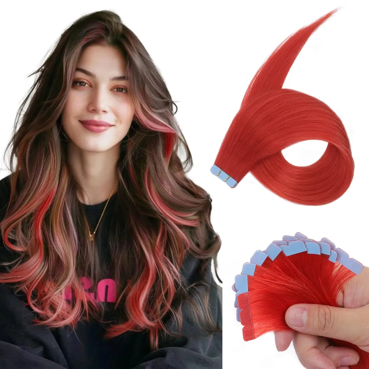 Colorful Mini Tape In Hair Extensions Human Hair Skin Weft Machine Remy Red Natural Straight 12-20 inch 10pcs Tape In Extension