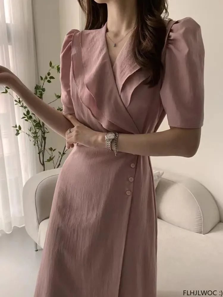 Sydkorea Chic midiklänning Kvinnor Sommar Japanstil Retro Vintage Design Volanger Rosa One-Piece Spetsklänning FLHJLWOC Vestidos