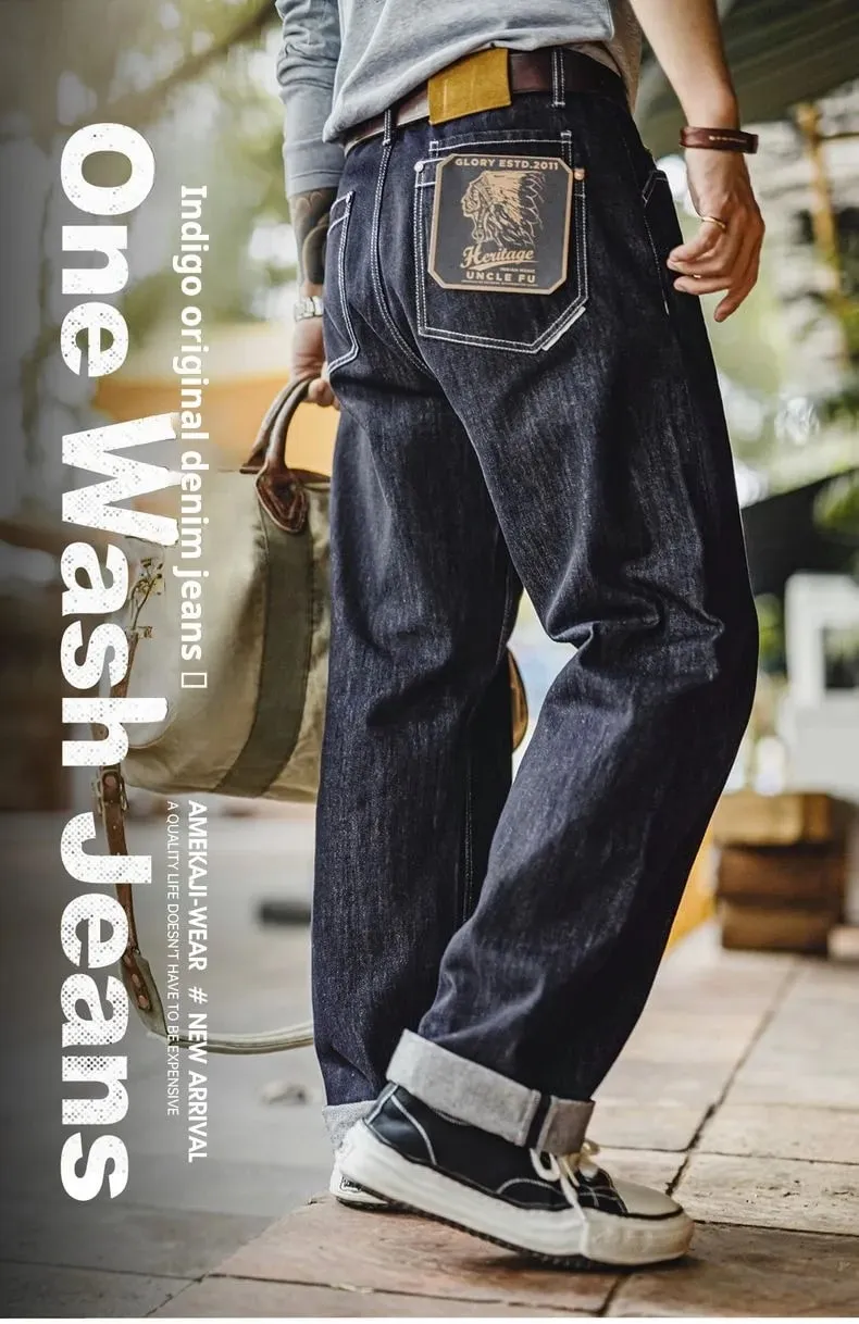 Maden Vintage 12oz One-Washed Denim Jeans for Men Straight Wide Leg Trousers Loose Fit Zip Fly Casual Pants for Fall Winter