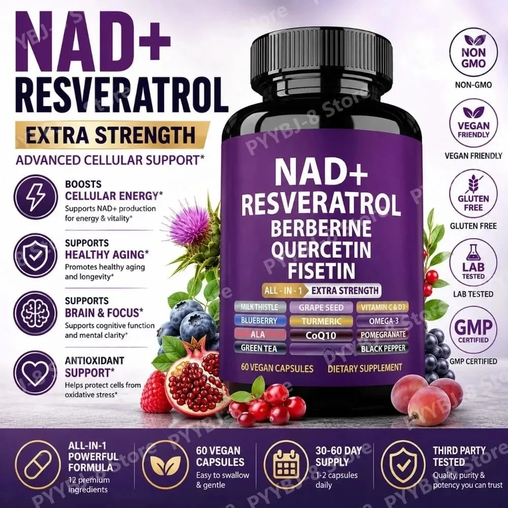 NAD+ Integratore di Resveratrolo con Berberina Quercetina Fisetina CoQ10 Vitamina C D3 60 Capsule Vegane per il Supporto Nutrizionale Quotidiano