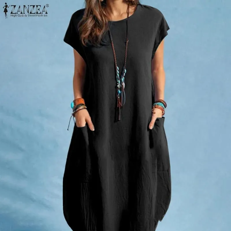 Summer Casual Cotton Dress for Woman O-Neck Short Cap Sleeve Loose Cotton Knee-Length Dress Vacation Day Wear Robes Femme
