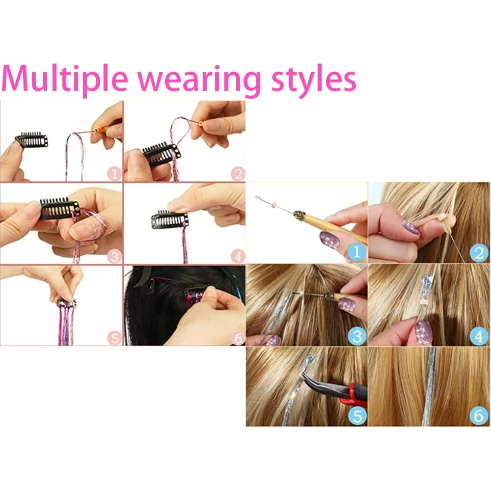 Rainbow Colored Sparkle Synthetic Hair Tinsel 36/48 Inch Girls Headwear Laser False Hair Extensions Glitter Decor Strands