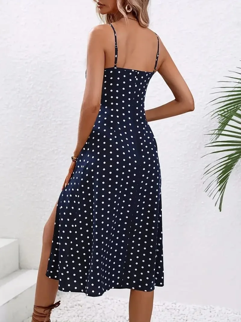 2024 Women Floral Print Spaghetti Straps Summer Boho Beach Dress Print Elegant Suspenders Square Neck Slit Dress Vestidos
