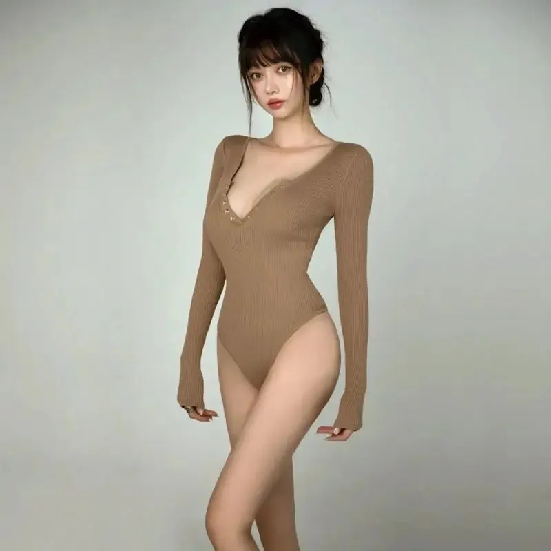 Long Sleeve Gold Button Detail Slim Fit V-Neck Bodysuit Sexy Elegant Wear Spring Autumn Women's Trendy Ribbed Knit Bodysui