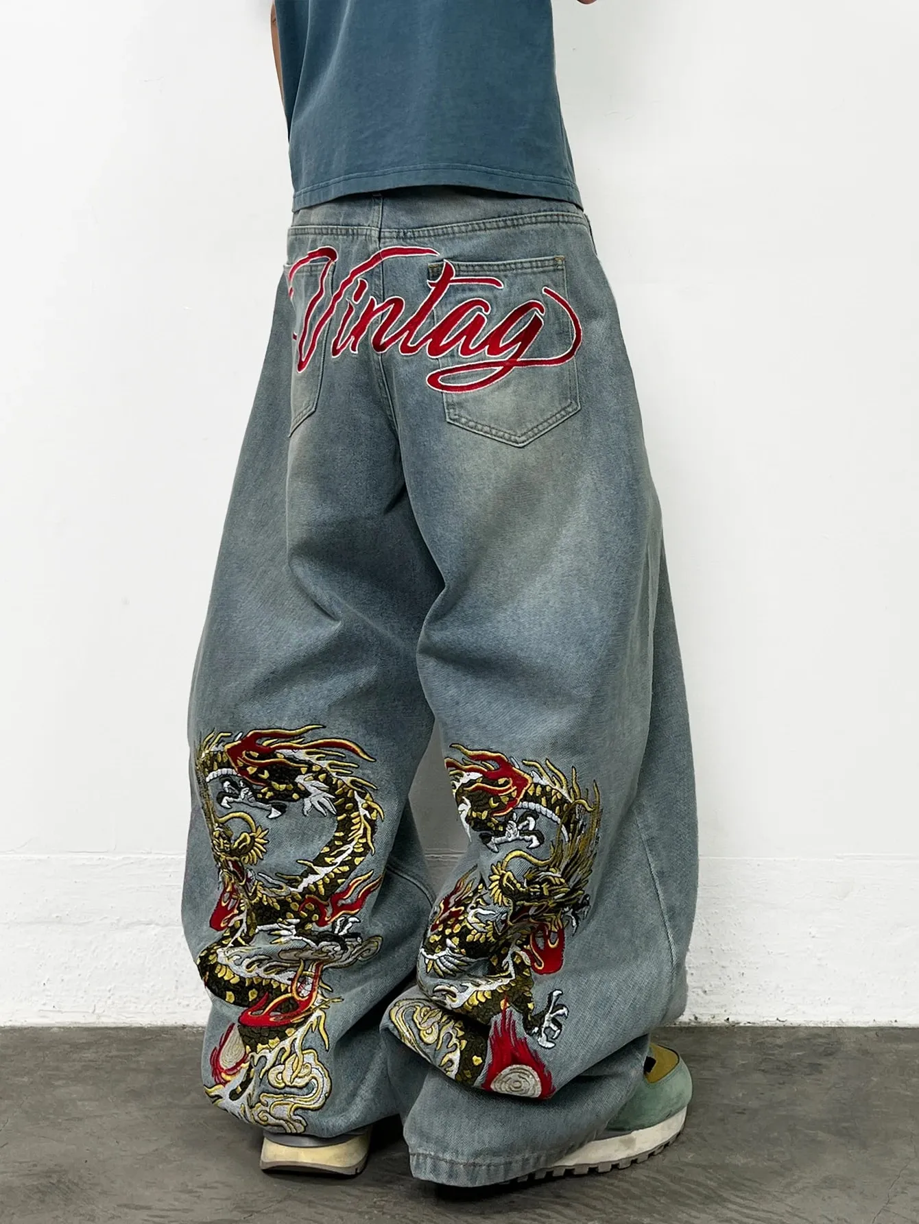 American Retro Dragon Art Embroidery Blue Baggy Jeans Men's Y2K Washed Street Hip-Hop Fashion Versatile Straight Wide-Leg Pants
