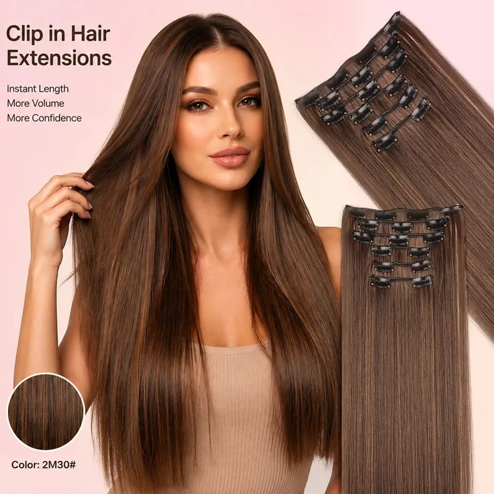 Black Hair Extensions 24"/60cm 6pcs/set Women Long Straight Synthetic Full Head Clip 16 Clips Ombre Heat Resistant Fiber Hair