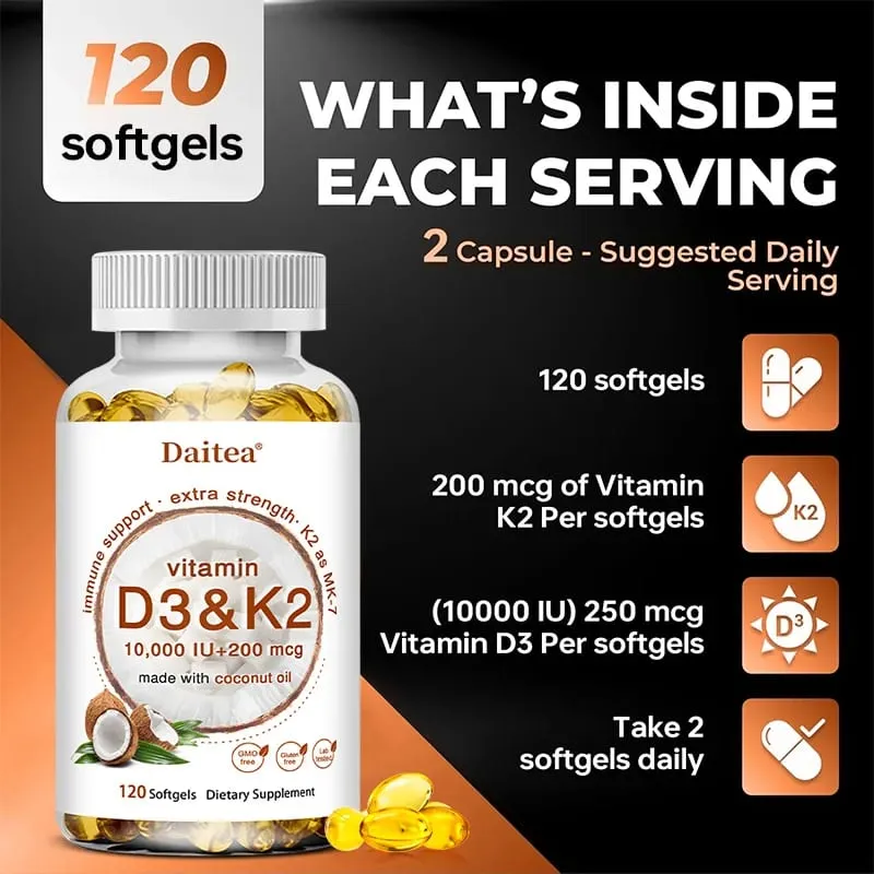 2-in-1 Vitamin D3 K2 Supplement Softgel 10000 IU VIT D3 + 200 MCG Vitamin K2 Support Calcium Absorption in Bones