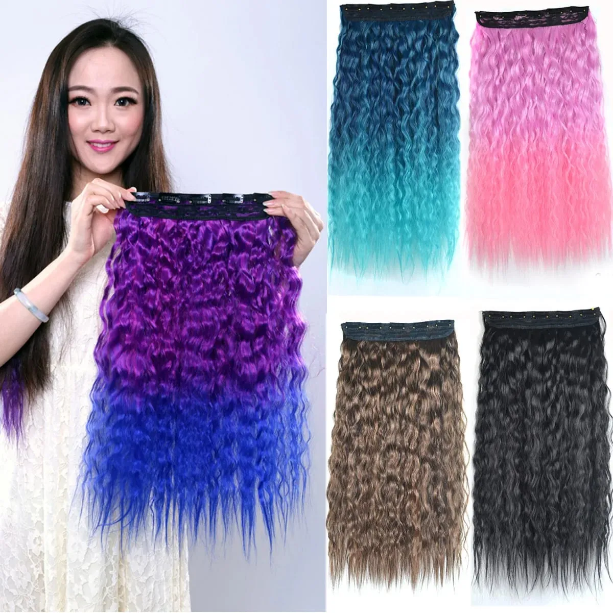 Jeedou Kinky Curly Hairpieces Clip-in One Piece Hair Extension Synthetic Vibrant Gradient Color for Nightclub Party Cosplay
