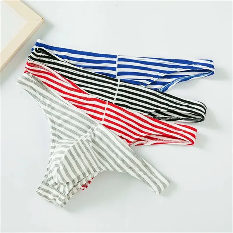 Europe Men's Striped Bikini Briefs Low Waist Sexy U Convex Underwear Male Half Covered Buttocks Tanga Panties Plus Size M-XXXL