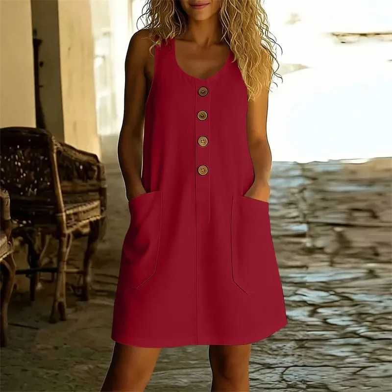 Summer Casual O Neck Button Pocket Beach Holiday Dress Women Fashion Sleeveless Mini Dresses For Women Loose Party Dress