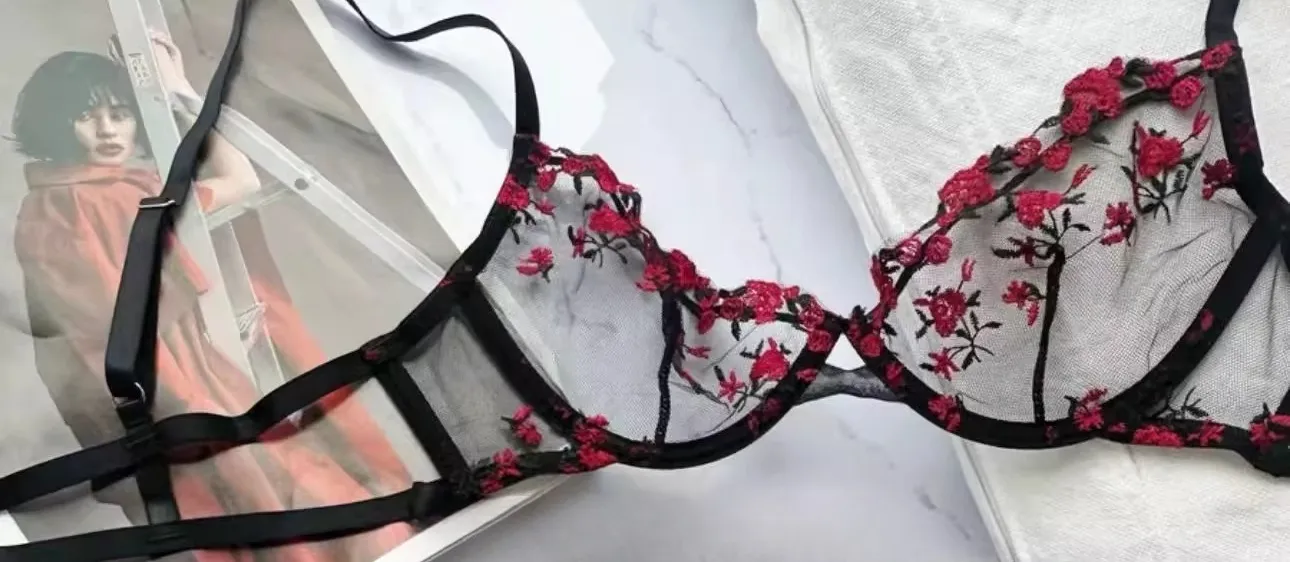 French Elegant Lingerie Set-Floral Embroidery Semi-Transparent Bra & Brief Black Sensual Women's Underwear Luxury Intimates