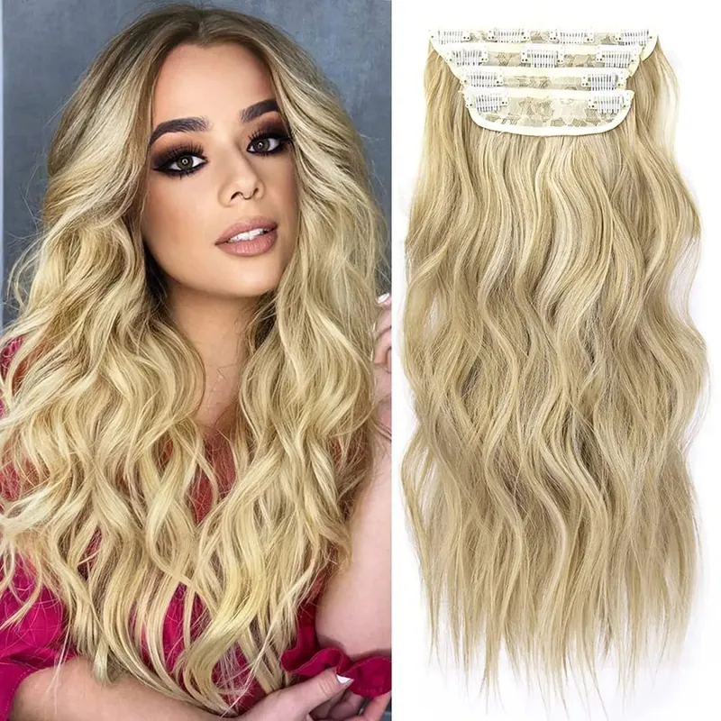 Clipe sintético longo ondulado feminino de alta temperatura, extensão de cabelo sintético, 4 peças, clipe longo, macio, ondas glam, grosso