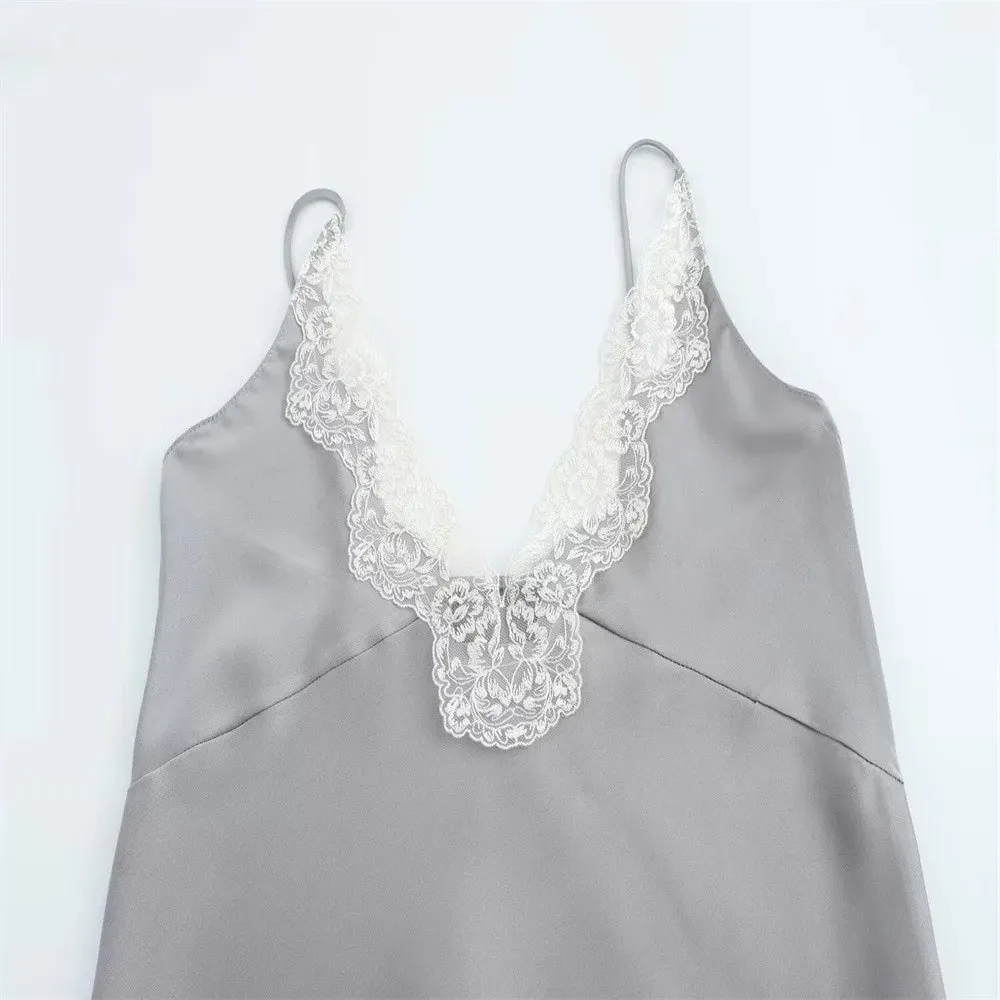 Casual Solid Color Lace Patchwork Tanks Spaghetti Strap Breathable Satin Camisole Sleeveless V-neck Tops Party Outfit