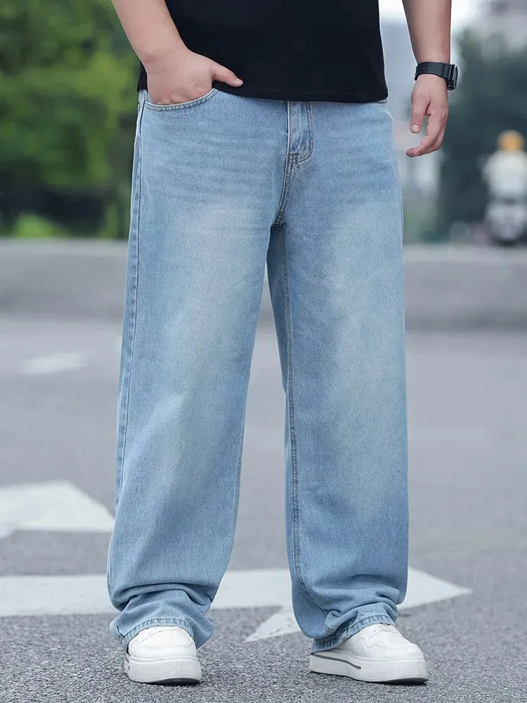 Plus Size Men's High Waist Straight Leg Jeans Four Seasons Loose Baggy Denim Trousers Casual Versatile Long Pants New