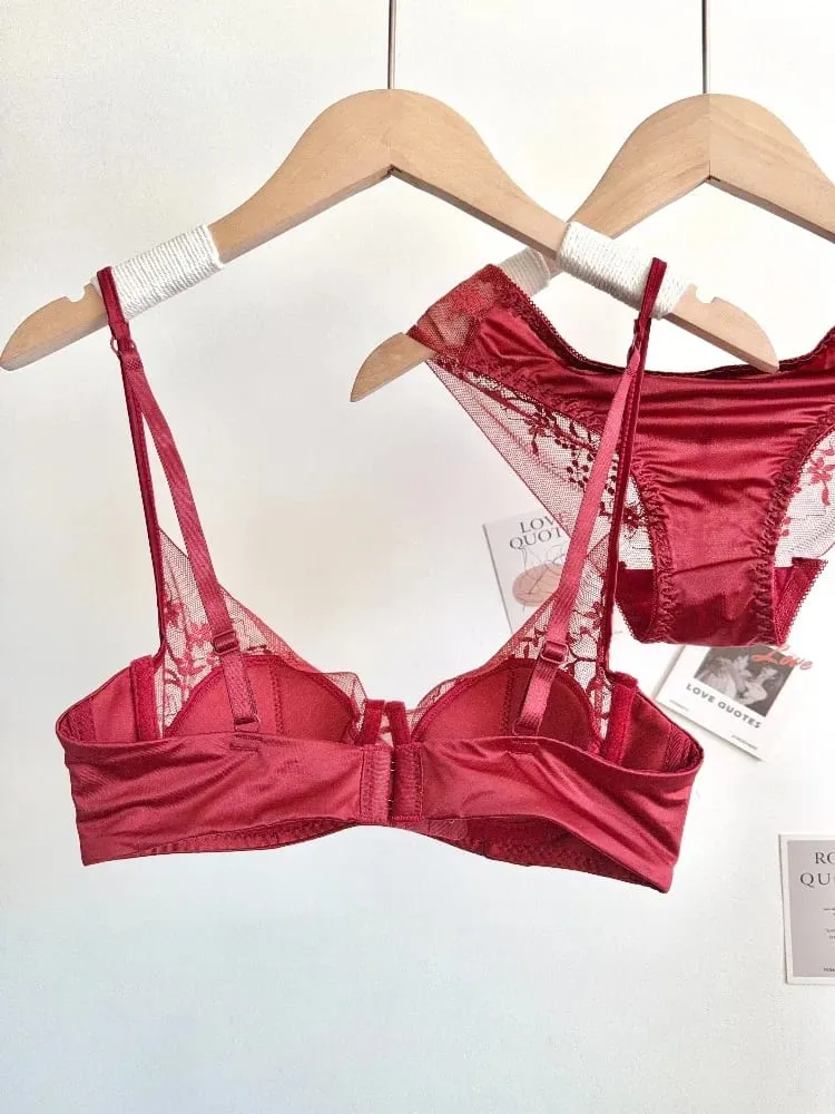 Women Red Sexy Lace Bra Set Push Up Soft Underwire Thin Lingerie Comfortable Support for Small Bust Female Underwear Suit S-XL