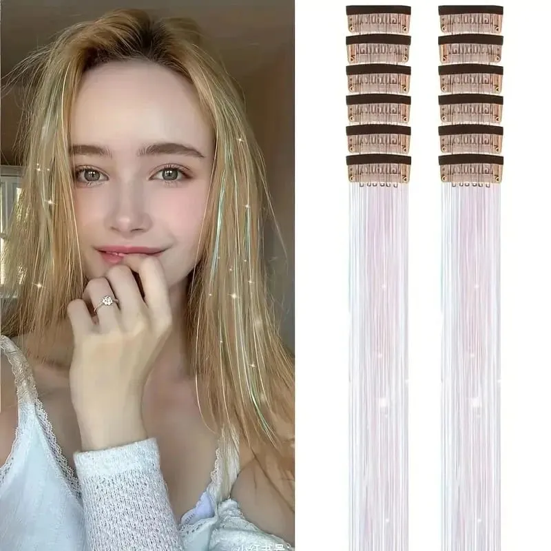 12 Pcs Colorful Clip in Hair Tinsel Extensions Fairy Glitter Hair Accessories synthetic 20‘’ Party Kit for Women Girls Kids