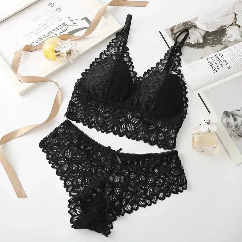 Sexy Lace Women Underwear Set Seamless Wire Free Bra Sets Hollow Out Bra at Panty Set Para sa Babae Embroidery Intimate Lingerie