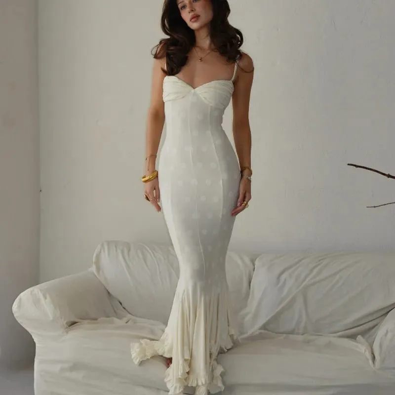 White Polka Dot Maxi Dress For Women Spaghetti Straps Sweetheart Bust Back Ruched Mermaid Flounce Hem Vacation Biryhday Dresses