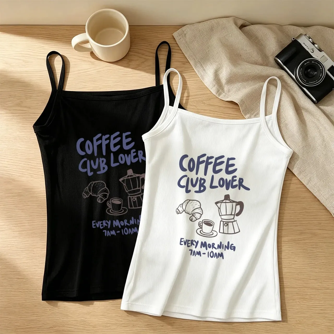 Women Coffee Club Lover Print Camisole Summer Retro Coffee Pot Graphic Tank Top Funny Slogan Sleeveless Vest Streetwear Crop Top