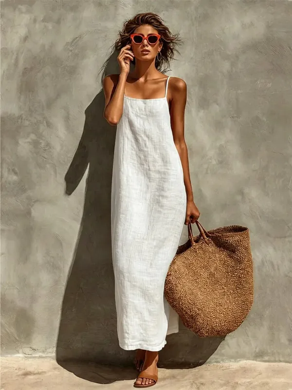 Summer Women Solid Color Casual Comfortable Slip Sundress Sand Beachwear Backless Sleeveless Loose Maxi Long Vacation Dresses