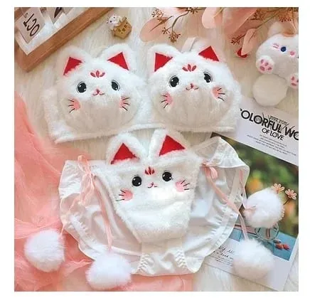 Cute Cat Paw Plush Lingerie Set for Women Warm Winter Bra & Panty with Ears Comfortable Kawaii Underwear
