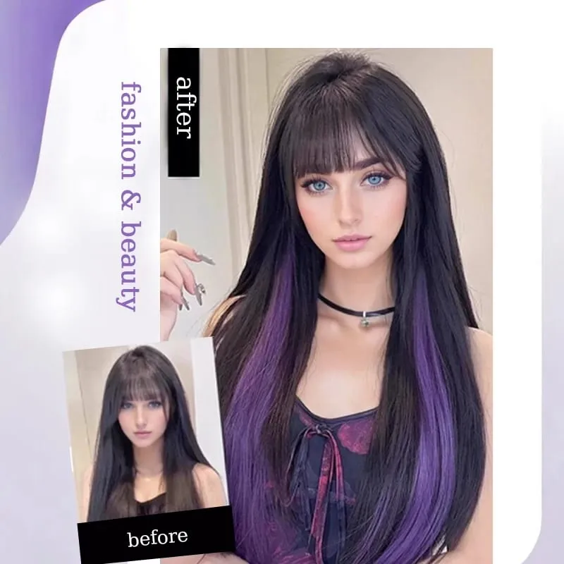 2PCS/SET Colored Party Highlights Clip in Hair Extensions 24inch Long Straight Hair Clips Hairpiece for Halloween Christmas Wear