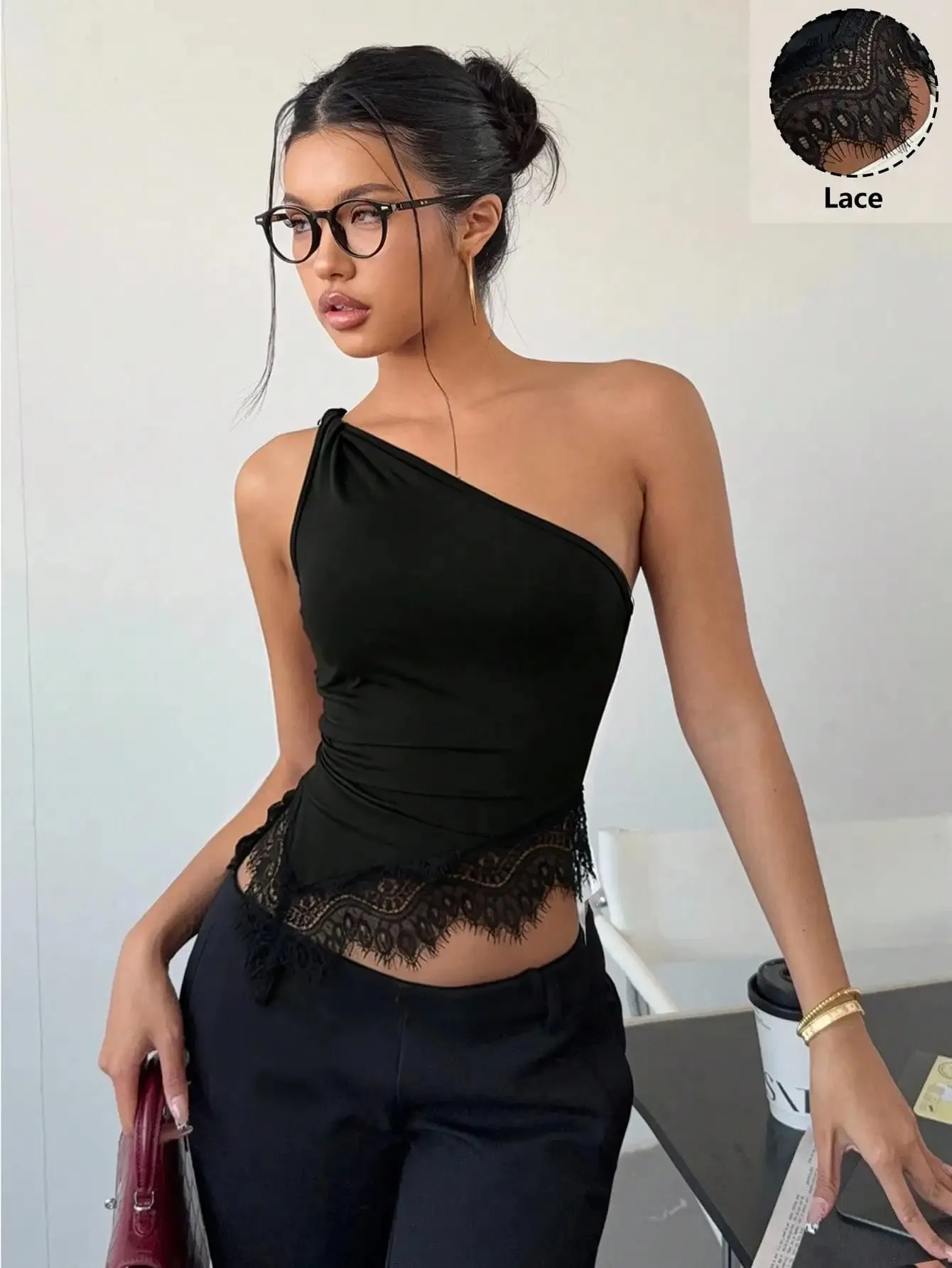 Women's Elegant Solid Color One-Shoulder Twist Vest with Lace Splicing Versatile Top for Vacation Party Beach Shopping Dati