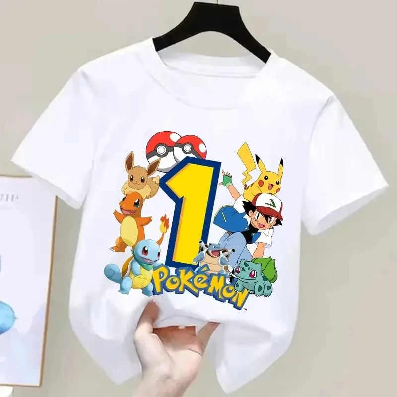 2026 Pokemons Pikachu Kids T Shirts Birthday Number 1-9 Printed T Shirt Boys Girls Summer Short Sleeves Tops Children Clothing