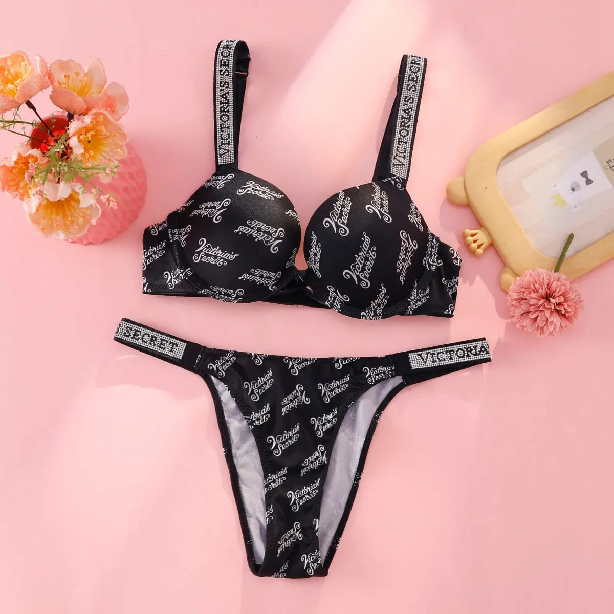 Victoria's Secret Push Up Bra And Panties Set For Women Rhinestone Logo Shoulder Straps Lace Underwear Sexy Lingerie Set