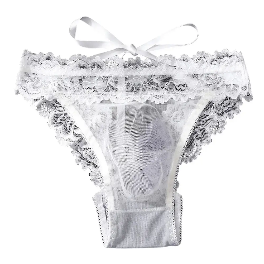 1pc Men's Bow Mesh Lace Hollow Out Briefs Ultra-thin Underwear 3D Bulge Pouch See Through Panties Low Waist Breathable Lingerie