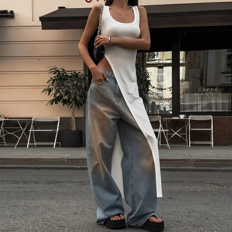 Tren kepribadian musim panas gaun rompi kamisol tanpa lengan hem asimetris tidak beraturan ceruk jalanan warna solid slim fit