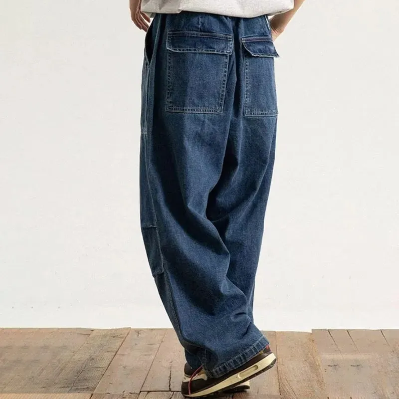 Spring And Autumn Japanese Style Oversized Straight Leg Jeans Loose Drawstring Workwear Pants Wide Leg Pants Men'S Pants