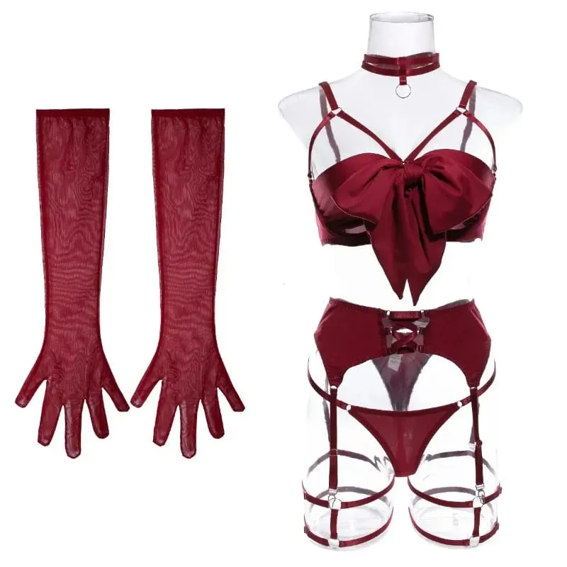 Women 4 Piece Sexy Lingerie Set Hollow Out Gathered Push Up Bra Bow Decor Waist Belt Black Matching Underwear Sleep Nightwear