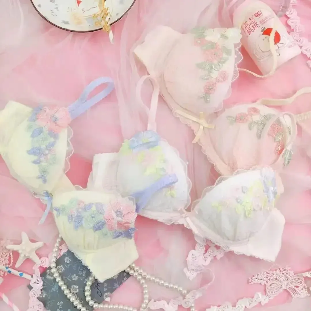 Sweet Lolita Lingerie Set: Floral Lace Applique Push Up Bra & Panty Set Cute Sexy Underwear