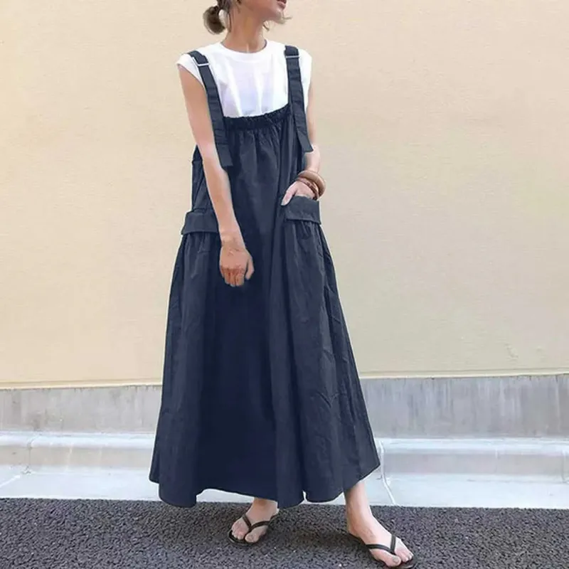 Damenmode-Hosenträgerkleid mit langen Trägern, großen Taschen und Overknee-Taschenträgern, Midi-Kleider für Frauen, Robe Femme