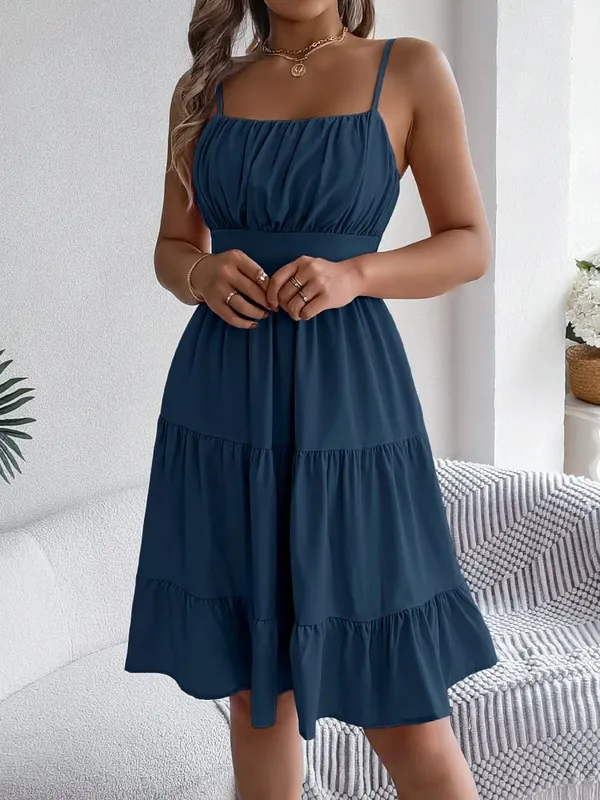 Casual Vacation Ruffled Camisole Dress Spring Summer Women's Solid Dresses For 2026 Valentine's Day Woman Clothing Pink Blue