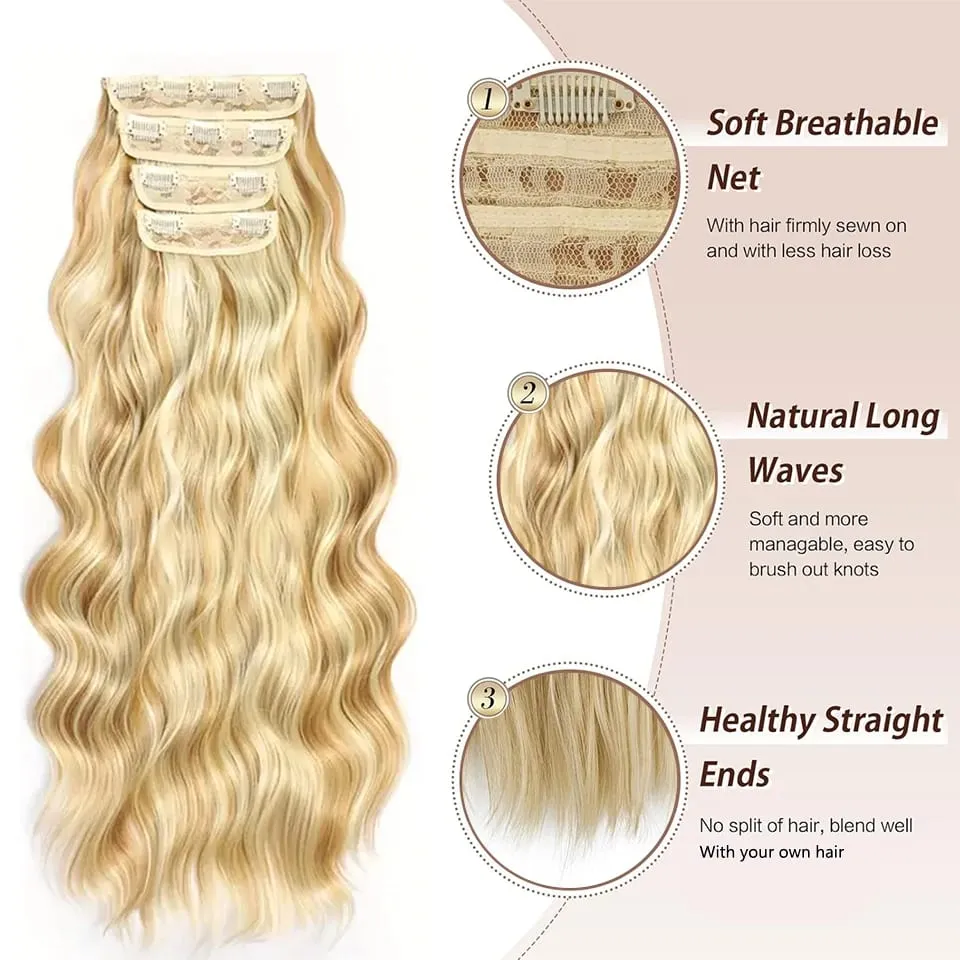 4 PCS Water Wave Clip In Hair Extensions Ombre Blonde Synthetic Natural Hairpieces For Women Lightweight All Day Wear