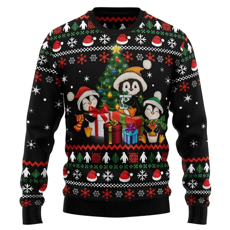 Funny Penguin Graphic Ugly Christmas Sweater For Men Fashion Autumn Holiday Wear 3D Printed Sweatshirts Loose Breathable Tops