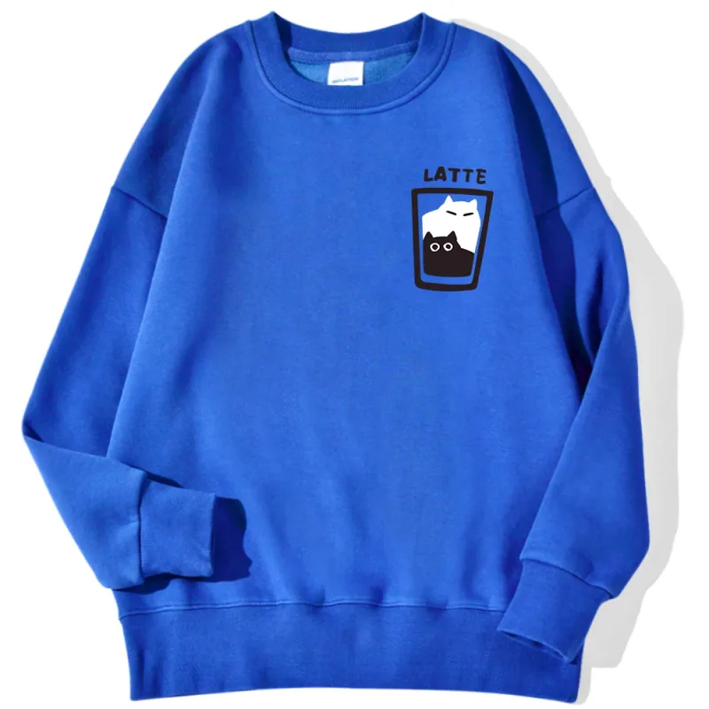 Cat Latte Cartoon Design Men Sweatshirt Fashion Casual Hooded Vintage Loose Hoodies Korean Fleece Clothing