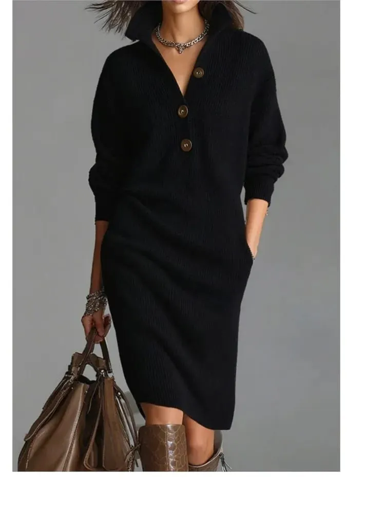 Autumn Fashion Knitted Button Lapel Women Dress Casual Loose Pocket Lazy Straight Over The Knee Long Sleeve Sweater FemaleDress