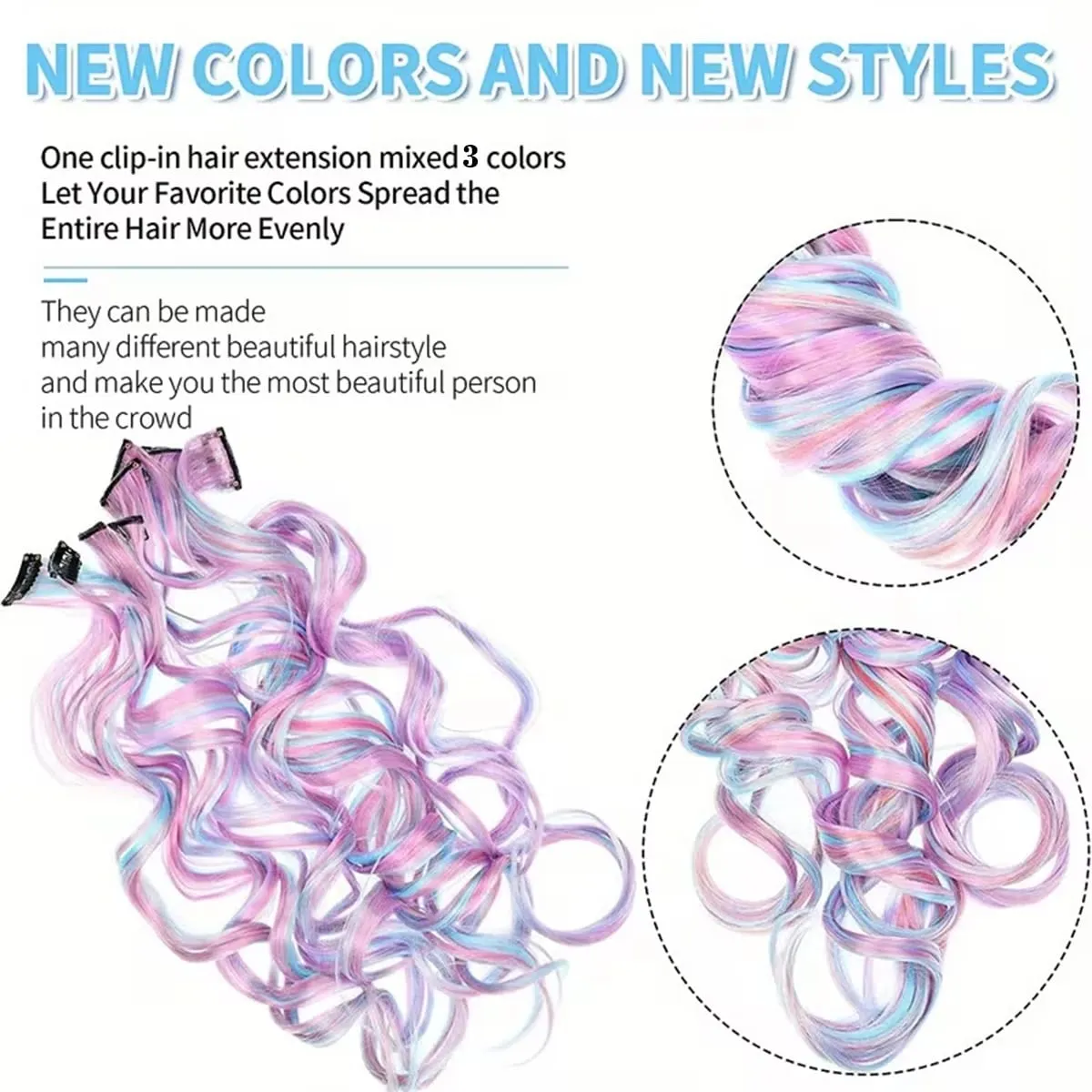 Syntetisk 5 stk Clip In Hair Extensions Farverig Ombre Curly Wig Rainbow Highlight Hair Clip On Hairpieces Til Kvinder Piger