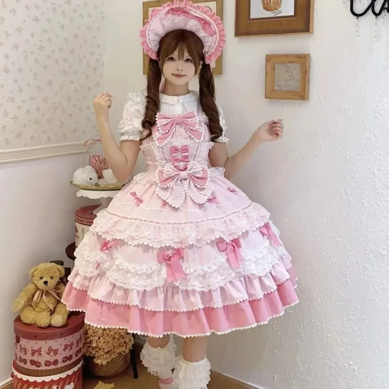 Y2K Sweet Lolita Jks Strap Dress Women Solid Ruffle Lace Bow Patchwork Kawaii Princess Ball Gown Knee-Length Elegant Party
