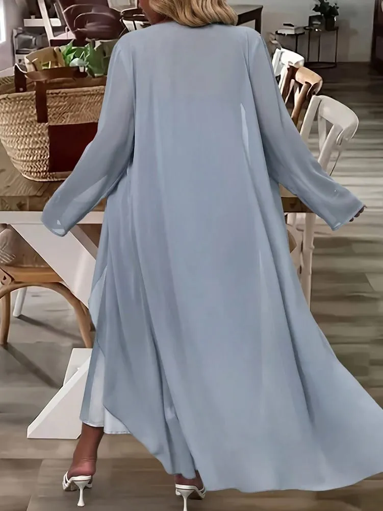 Plus-Size Women's Fashion: Spring/Fall Stylish and Elegant Lace and Chiffon Two-Piece Dress Set with V-Neck for a Sophisticated