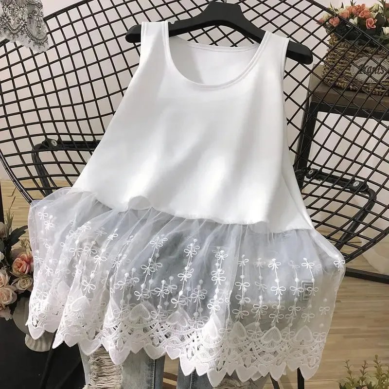 Straat Casual Kant Patchwork Tanks Zomer Nieuwe Mouwloze Effen Kleur Losse Jeugd Wit T-shirt Tops Mode Trend Dameskleding