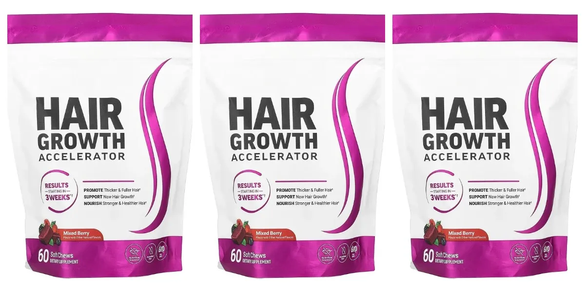 Hair Growth Soft Chews – Vitamin C & E Supplement for Thicker Fuller & Healthier-Looking Hair – Berry Flavor – 60 Soft Chews