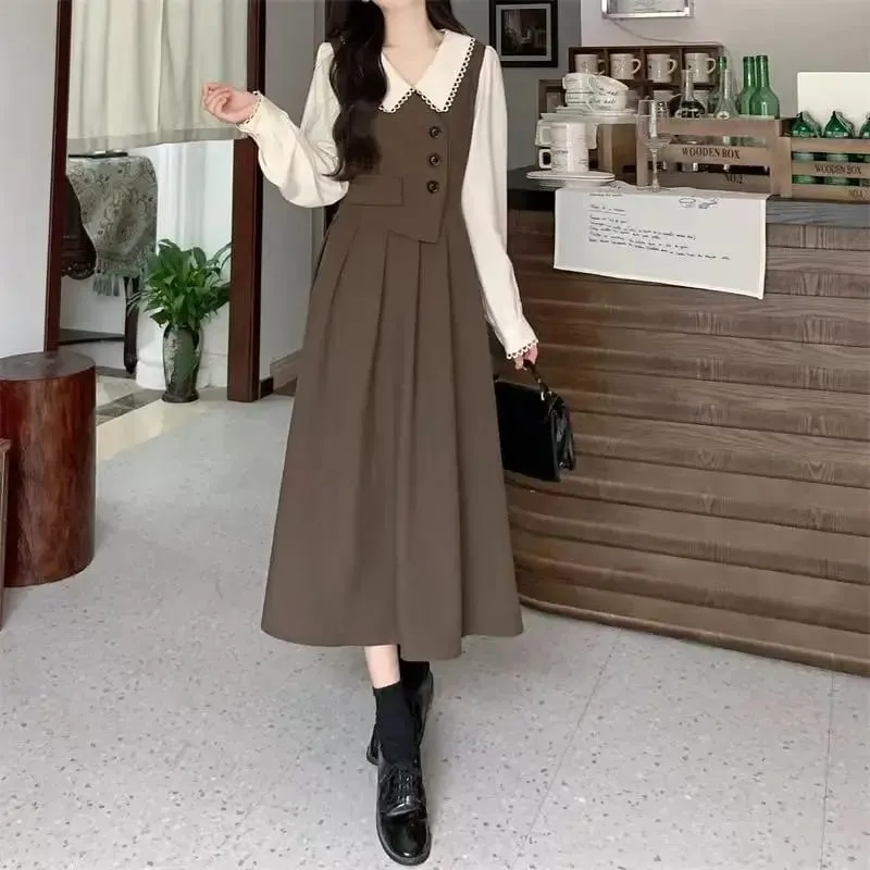 Women Dresses 2026 patchwork fake two-piece long-sleeved baby collar high quality design autumn elegant long dress vestidoes