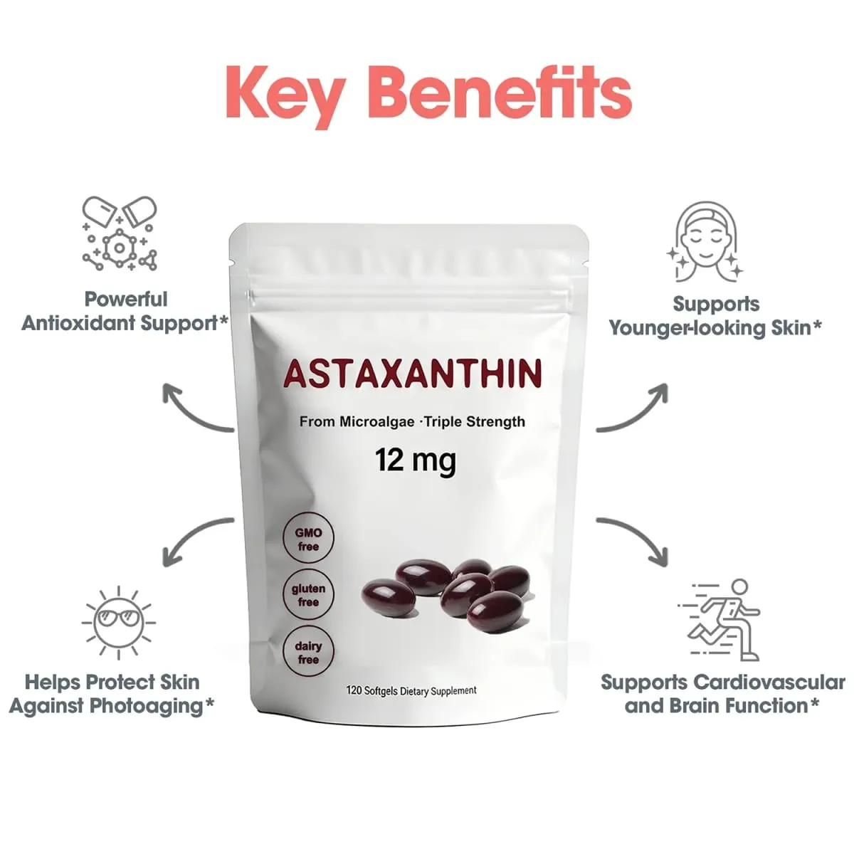 Astaxantina 12 mg Suplemento antioxidante Cápsulas blandas para mujeres y hombres Fórmula premium de triple fuerza | Sin OGM Sin gluten Sin soja